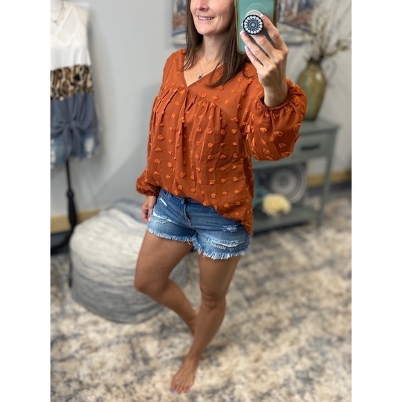 Swiss Dot Long Bubble Sleeve V-Neck Floaty Top Rust 3521 - Picture 6 of 9